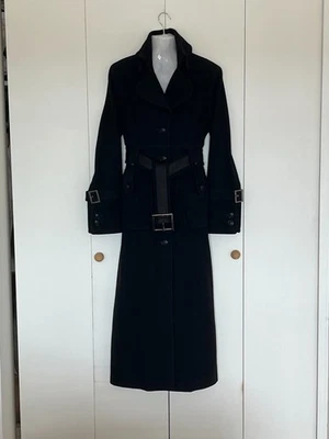 LAVANDERÍA Mujer Largo Completo Lana Trench Abrigo Sencillo Pecho Negro Cinturón Talla 4 Foto 1 de 4