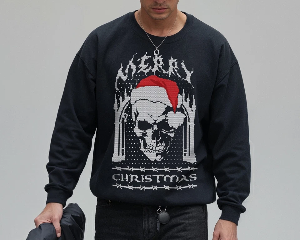 Винтажный ретро Санта череп Рождественский джемпер свитер Xmas готический гранж рок смешной - Изображение 1 из 1