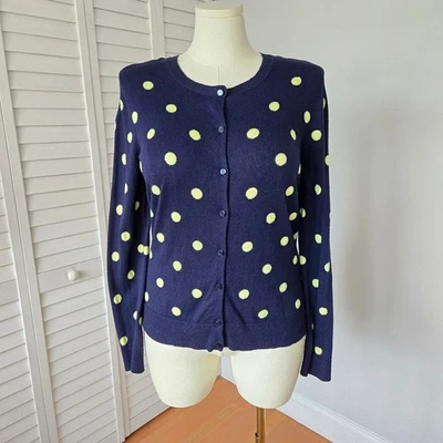New York & Company Navy Yellow Polka Dot Knit Cardigan Size XL Retro Preppy Mod - Image 1 of 4