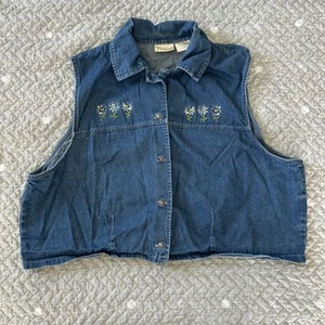 Bobbie Brooks VTG 90s Denim Vest Womens L Embroidered Floral Button Up Cottage - Photo 1 sur 8