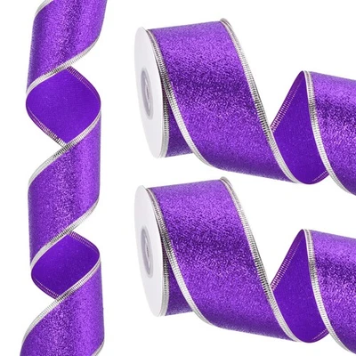 20 Yards x 2" Christmas Ribbon, Metallic Wired Ribbon Shine, Purple Silver - Image 1 of 4