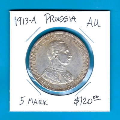 PRUSSIA  - FANTASTIC HISTORICAL WILHELM II SILVER 5 MARK, 1913 A, KM# 536 - Image 1 of 2