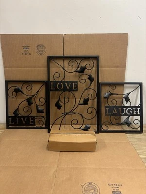 Novo conjunto de 3 arandelas de parede de ferro preto Tealight Live Love Laugh - Imagem 1 de 4