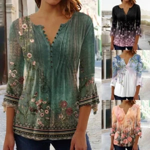 Womens V-Neck Tops T-Shirts Ladies Floral Casual Blouse Pullover Tee Plus Size - Picture 1 of 14