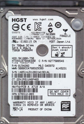 HGST HTS541075A9E680  p/n: 0J34282 mlc: DA5972 750GB SATA HDD  7709 - Image 1 of 2