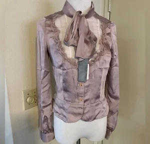 DoYouRan Neck Tie Button Down Long Sleeve Candy Blouse Dusty Pink Made in Korea - Picture 1 of 7