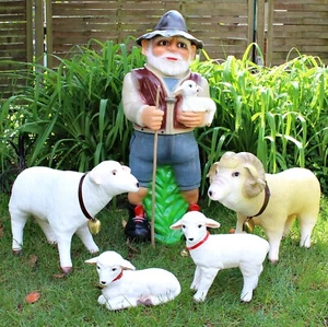Deco Figura de Jardín Pastor Con Carnero, Ovejas Y Corderito de Plástico - Imagen 1 de 3