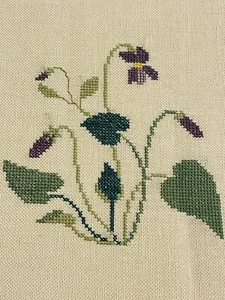 Vintage Finished Pure Linen Cross Stitch VIOLET State Flower of Wisconsin - Picture 1 of 4