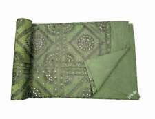 Indian Handmade Green Cotton Quilt Bedding Bedspread Mirror Work Blanket Throw