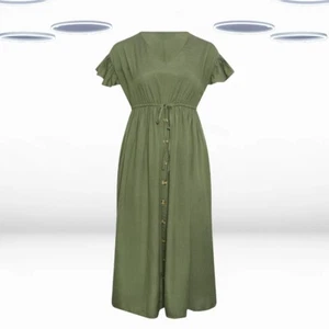 Ex Women's Plus Size Short Sleeve Linen Maxi Dress in Khaki Green (Defect) - Picture 1 of 6