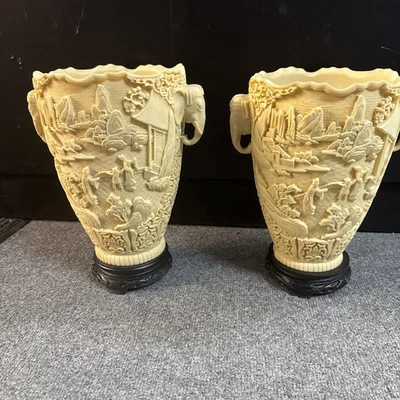 Chinoiserie Oriental Large Vase Carved Resin Scenic Pagoda Elephant Made / Italy - Image 1 of 4