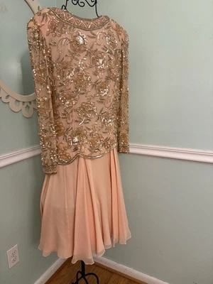 Black Tie Oleg Cassini beaded sequin gown Midi Peach Formal 8 Flowy Glam - Image 1 of 4