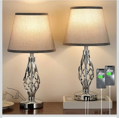 AOOSHINE Touch Table BedsideLamps Set of 2,USB-C USB-A Ports,3 Way Dimmable GREY