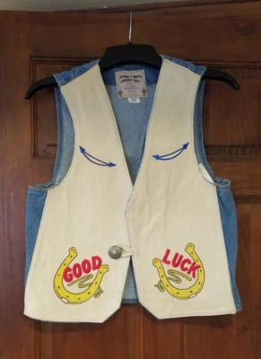 NEW/Vintage Jensen&Smith Leather/Denim, Painted/Embroidered "Good Luck" Vest. M - Image 1 of 4