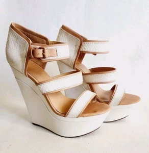L.A.M.B. Gwen Stefani Shoes Sz 6 Wedge White and Tan Leather Straps Platform - Picture 1 of 8