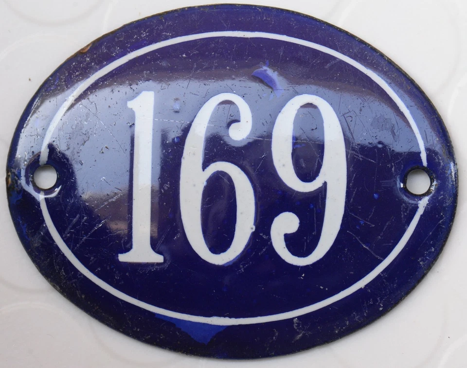 Old blue oval French house number 169 door gate plate plaque enamel steel sign - Image 1 of 1