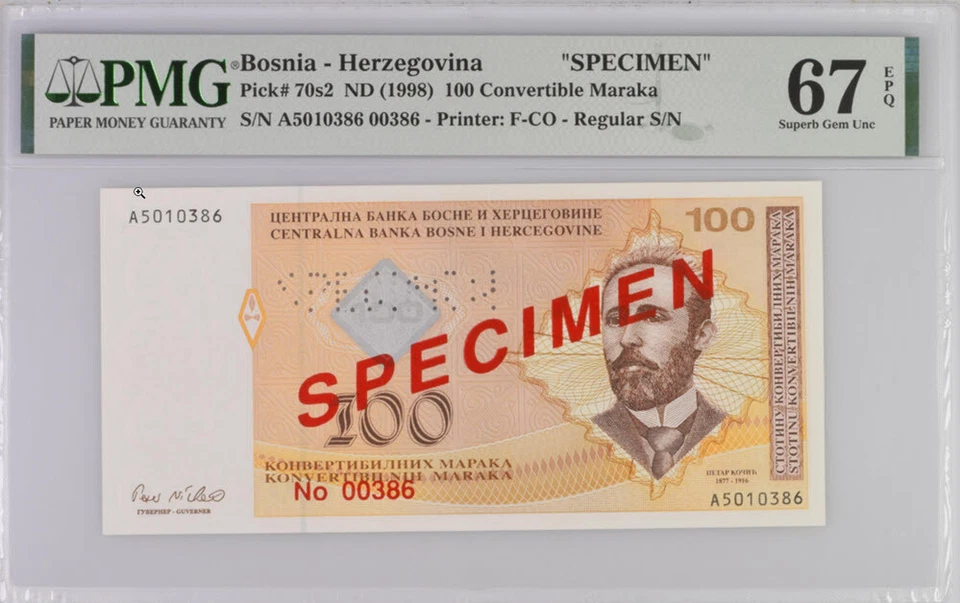 Bosnia 100 Convertible Maraka ND 1998 P 70 s SPECIMEN Superb Gem UNC PMG 67 EPQ - Image 1 of 1