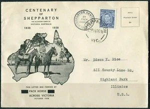1938 Australia Centenary Of Shepparton cubierta a EE. UU., llevada en paquete caballo, en muy buen estado - Imagen 1 de 1
