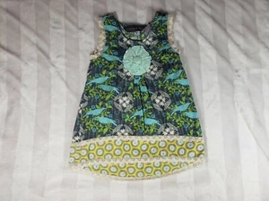 Girls MUSTARD PIE Crochet Trim Gray Aqua Blue FLORAL BIRD Tunic Hi Lo DRESS 4 - Picture 1 of 8