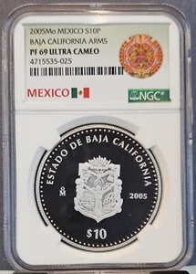 2005 MEXICO SILVER 10 PESOS S10P BAJA CALIFORNIA NGC PF 69 ULTRA CAMEO TOP POP - Picture 1 of 3