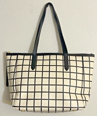 Fossil Sydney 单肩包托特包白色黑色方形涂层织物皮革装饰 — 第 1/4 张图片