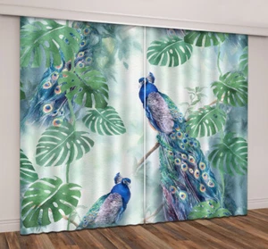 Watercolor Tropical Monstera Peacock 3D Window Curtains Blockout Drapes Fabric - Picture 1 of 10