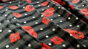 Vintage Cotton Red Poppy Polka Dot Black Stripe Sheer Sewing Doll Fabric - Picture 1 of 10