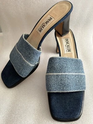 Pancaldi Size 9 AA Narrow Blue Jeans Style Cube Heeled Sandal Slipper Elegant - Image 1 of 4