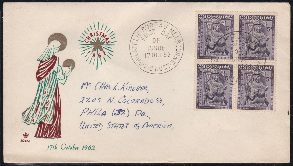 AUSTRÁLIA 1962 CAPA PRIMEIRO DIA MADONNA E CRIANÇA NATAL N BLOCO DE 4 - Imagem 1 de 1