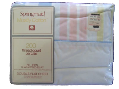 Springmaid cotton 200 thread count percale no-iron double flat striped sheet NEW - Image 1 of 4