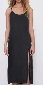 Zara Damen Large Filsens Schwarz Träger Midi Maxi Schlupf Kleid Schlitz Glam Party - Bild 1 von 11