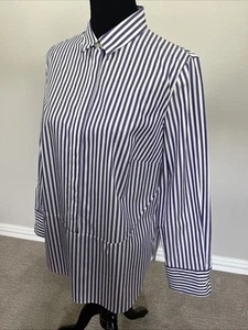 Akris Punto $895 NWOT Sz 12 44" Poplin Popover Tunic Button Blouse Purple Stripe - Picture 1 of 12