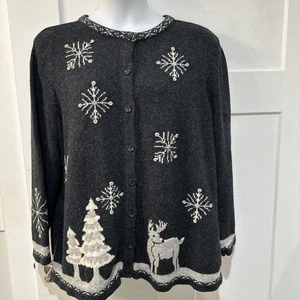 Christopher & Banks handbestickter Pullover Winter grau Hirsch Baum Schneeflocke 3X - Bild 1 von 11