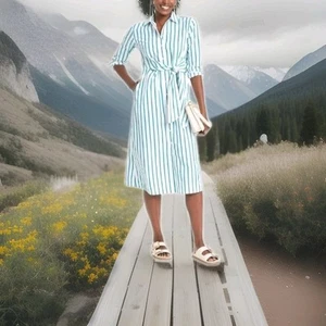 Women Long Sleeve Tie Front Midi Shirtdress Collared Universal Multi Striped XS - Picture 1 of 15