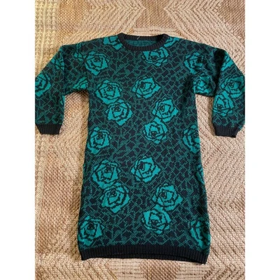 Vtg. 80s/90s Green and Black Floral Sweater Dress  - Image 1 of 4