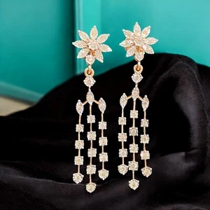 Exquisite 0.95 TCW Round Brilliant Cut Natural Diamonds Dangle Earrings 14K Gold - Picture 1 of 13