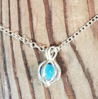 Sterling Silver Anklet Chain Charm Cage Ball 9.75" turquoise blue color stone - Image 1 of 4
