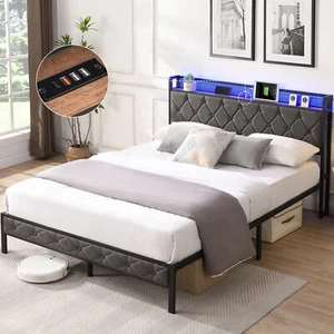 Queen Bed Frame with Storage Headboard, Charging Station and LED Lights, Upholst - Picture 1 of 12