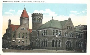 Postal de lino de la oficina de correos y el ayuntamiento de Lansing Michigan - Imagen 1 de 2