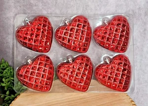 Valentines Day Ornaments Red Pink Glitter Hearts 3.25" Plastic Criss Cross 6 Pc - Picture 1 of 6