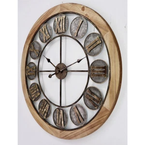Clock:80cm (31.5") Large Wooden Frame Metal Wired Discs Roman Numeral Wall Clock - Picture 1 of 6