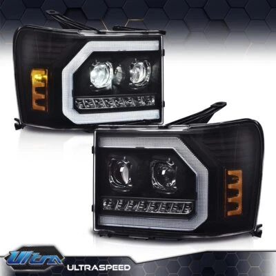 Fit For 2007-2014 GMC Sierra 1500 2500 3500 Dual LED Projector Headlights Black - Image 1 of 4
