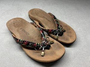 Vionic Sandals 9 Black Floral Bella II Slides Flip Flops Contoured Footbed Bow - Picture 1 of 6