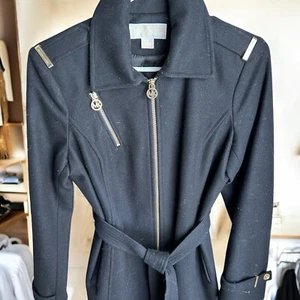 Michael Kors Jacket Womens Black Gold Asymmetrical Zip Wool Trench Coat Size 6 - Picture 1 of 8
