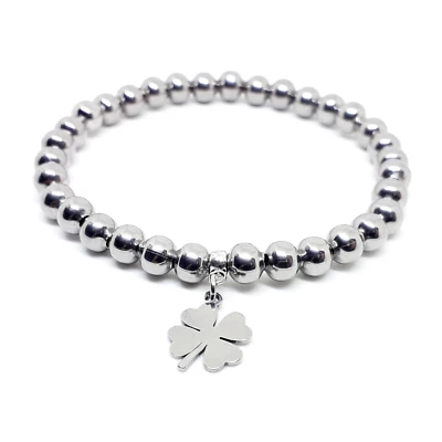 Bracciale con Quadrifoglio Portafortuna Perle Acciaio inox argento da Uomo Donna - Immagine 1 di 4
