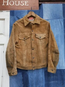 Vintage 1960s Levi's Big E Split Cowhide Suede Trucker Jacket Beige Men's S/M - Picture 1 of 14