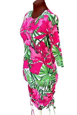 Vestido de jersey Michael Kors rosa/verde floral bainha 2 XS gola redonda manga 3/4 - Imagem 1 de 4