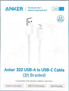 Anker 322 3' USB-A to USB-C Braided Cable - White - Zdjęcie 1 z 3