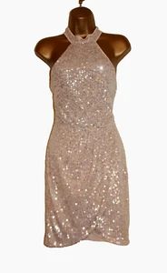 Lipsy Golg Silver Champagne Sequin Dress 16 Halter Party Occasion Xmas - Picture 1 of 13
