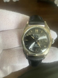 VINTAGE 10K RGP BULOVA WATCH BLACK SUNBURST DIAL 23J 6 ADJ 10BPAC AUTOMATIC RUNS - Picture 1 of 6